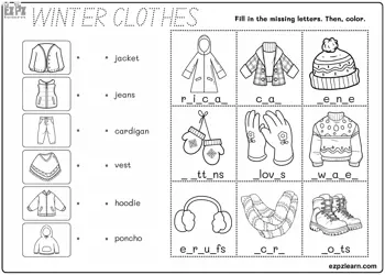 Winter Clothes Vocabulary. Read, color and match. Fill in the missing letters then color the image. Free PDF download.
